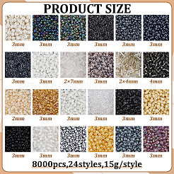 24 種類のガラスシードビーズ  混合図形  ミックスカラー  2~8x1.8~4mm  穴：0.6~1.2mm&nbsp;SEED-ME0001-26