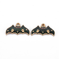 合金エナメルチャーム  グリッターパウダー付き  カドミウムフリー＆ニッケルフリー＆鉛フリー  ハロウィン用  バット  ライトゴールド  ブラック  13.5x25x2mm  穴：2mm&nbsp;X1-ENAM-S126-097-NR