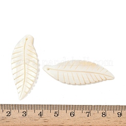 天然淡水貝の彫刻ペンダント  葉のチャーム  アンティークホワイト  47x16.5~17x2.5~3mm  穴：1.4mm&nbsp;SHEL-K006-54G