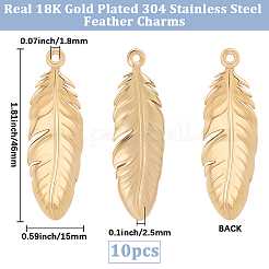 304ステンレススチール製フェザーペンダント10個  イオンプレーティング（ip）  18KGP本金メッキ  46x15x2.5mm  穴：1.8mm&nbsp;STAS-BBC0009-99
