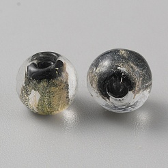 手作りゴールドパウダー入りランプワークビーズ  ラウンド  ブラック  8.5x7~8mm  穴：1.8mm&nbsp;LAMP-WH0011-03A-02