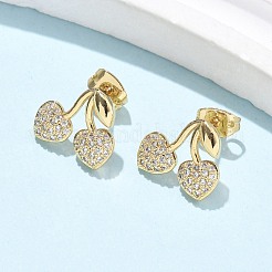 真鍮クリアキュービックジルコニアスタッドピアス  チェリー  18KGP本金メッキ  11x13mm&nbsp;EJEW-Q017-03A-G