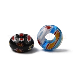 手作りミッレフィオーリのランプワークヨーロッパのビーズ  芯金がない  大穴ビーズ  ロンデル  ミックスカラー  サイズ：直径約14mm  厚さ7mm  穴：5mm&nbsp;LK-R010-M