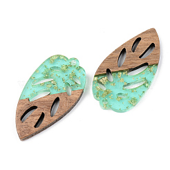 透明樹脂＆ウォールナットウッドチャーム  金箔  葉  淡いターコイズ  38x20x3mm  穴：2mm&nbsp;RESI-S389-048A-B02