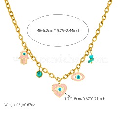 304ステンレススチールエナメルと合成ターコイズのペンダントネックレス、フープピアス、チャームブレスレットのセット  ハート/目/ハムサの手  ゴールドカラー  400mm、160mm、30x18m&nbsp;FS-WGFA37A-01