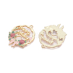 メッキ合金エナメルチャームラック  カドミウムフリー＆ニッケルフリー＆鉛フリー  ライトゴールド  ハッピーホリデーという言葉が書かれた蝶結びの花  ショッキングピンク  34x26x2mm  穴：1.8mm&nbsp;ENAM-N056-370KCG-01
