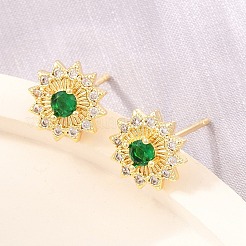 真鍮製 マイクロパヴェ キュービックジルコニア スタッドピアス 女性用  花  カドミウムフリー＆鉛フリー  長持ちメッキ  ラックめっき  18KGP本金メッキ  グリーン  9mm&nbsp;KK-A305-04G-03