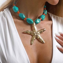海洋合金製ヒトデペンダント、樹脂ナゲットビーズネックレス（女性用）  ゴールドカラー  ダークターコイズ  15.94インチ（40.5cm）&nbsp;WG3D01A-03