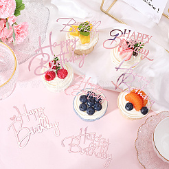 バースデーケーキトッパー18個、9つのスタイル  アクリルミラーケーキインサートカード  ケーキの装飾用品  お誕生日おめでとう  ショッキングピンク  37~95x83~118x1mm  2個/スタイル&nbsp;AJEW-SP0001-83B