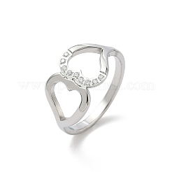 304ステンレススチール製キュービックジルコニアの指輪（女性用）  ハート  ステンレス鋼色  11mm  内径：18mm&nbsp;RJEW-F189-05P