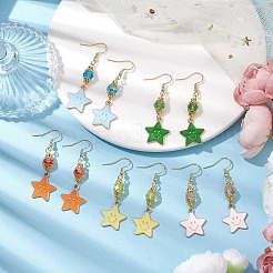 304ステンレススチールガラスダングルイヤリング  女性用スター合金エナメルイヤリング  ミックスカラー  53.5x17.5mm&nbsp;EJEW-JE05848