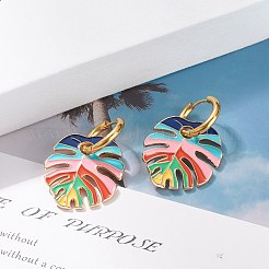 モンステラリーフエナメルチャームダングルフープピアス  女性用304ステンレススチールドロップイヤリング  ミックスカラー  46mm  ピン：1mm&nbsp;EJEW-JE04853