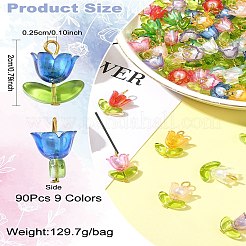 90色のアクリルランプワークペンダント9個  鉄パーツ  花  ゴールドカラー  ミックスカラー  20mm  穴：2.5mm  90個/セット&nbsp;PALLOY-CJ00048