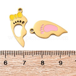 304ステンレススチールエナメルスプリットペンダント  左右  カップルのチャーム  足跡と蝶結びのチャームが付いたハート  ゴールドカラー  21~24x10~11x2mm  穴：1.6mm  2個/セット&nbsp;LS-STAS-H235-04B-G