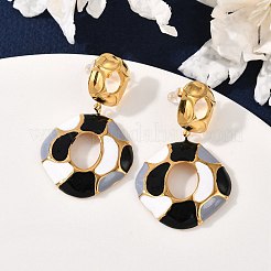 304ステンレススチールエナメルダングルスタッドピアス（女性用）  菱形  ゴールドカラー  ブラック  43x26.5mm&nbsp;EJEW-F353-01G-02