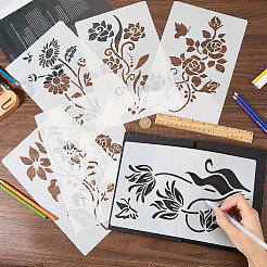 6個 6スタイル 花のテーマ ペット プラスチック くり抜き 描画 絵画 ステンシル テンプレート  長方形  ホワイト  280x180x0.3mm  1個/スタイル&nbsp;DIY-WH20009-46