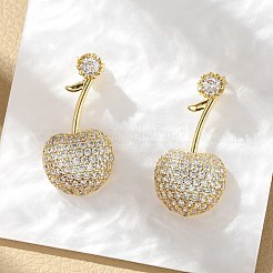 チェリー真鍮マイクロパヴェキュービックジルコニアスタッドピアス  パヴェクラスターイヤリング  ラックめっき  長持ちメッキ  鉛フリー＆カドミウムフリー  18KGP本金メッキ  27.5x14.5mm&nbsp;EJEW-M077-12G-02
