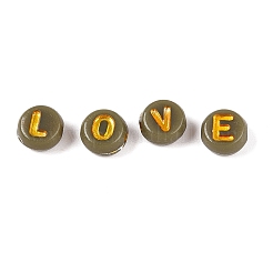 メッキアクリルビーズ  メタルエンレース付き  アルファベット付きフラットラウンド  ダークカーキ  7x4mm  穴：1.6mm  約3330個/500g&nbsp;PACR-T017-02C