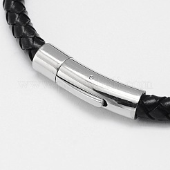 編み込みレザーコードブレスレット  304ステンレススチール製バヨネット留め具付き  ブラック  210x6mm&nbsp;BJEW-I200-13