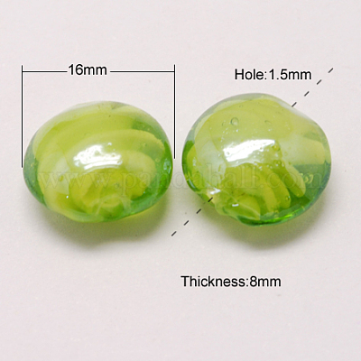手作りランプワークビーズ  パールカラーの  フラットラウンド  緑黄  16x8mm&nbsp;LAMP-S010-16mm-07-1
