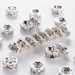 真鍮製A級ラインストーンスペーサービーズ  銀色のメッキ  ニッケルフリー  ロンデル  クリスタル  7x3.2mm  穴：1.2mm