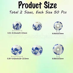100個 2スタイル ハンドメイドフラワープリント磁器セラミックビーズ  ラウンド  ブルー  8~10.5mm  穴：2mm  50個/スタイル&nbsp;PORC-LT0001-11