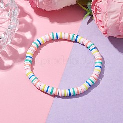 レインボーカラーのディスク、手作りポリマー粘土ビーズストレッチブレスレット、女性用  カラフル  内径：2-1/4インチ（5.55cm）&nbsp;BJEW-JB10353-01