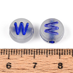 光沢のあるフロストアクリルビーズ  電気めっき  アルファベット付きフラットラウンド  暗闇で光る  文字W  10x5mm  穴：2mm  約1390個/500g&nbsp;FACR-T008-02W