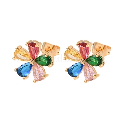 真鍮製 マイクロパヴェ キュービックジルコニア スタッドピアス 女性用  花  18KGP本金メッキ  11x11.5mm&nbsp;KK-CBACC01-06G