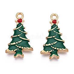 メッキ合金エナメルチャームラック  カドミウムフリー＆ニッケルフリー＆鉛フリー  ライトゴールド  クリスマスツリー  濃い緑  26x15x3mm  穴：2mm&nbsp;ENAM-N055-124