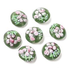 手作り凹凸柄ランプワークビーズ連売り  花付きフラットラウンド  黄緑  17~20.5x10~14mm  穴：1.4mm&nbsp;LAMP-K027-06I