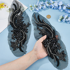 ポリエステル製コンピューター刺繍布アイロン/縫い付けパッチ1組  花  ラインストーンやガラスビーズで  ブラック  357x127x7.5mm&nbsp;DIY-HS0002-17C