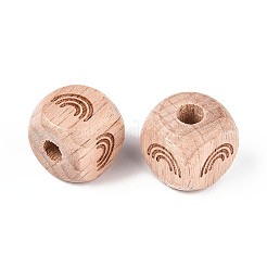 刻まれたブナの木のビーズ  染色されていない  キューブ  レインボー  12x12x12mm  穴：4~4.5mm&nbsp;WOOD-N015-08E