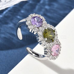真鍮マイクロパヴェキュービックジルコニアカフスリング  ラウンド  長持ちメッキ  ラックめっき  鉛フリー＆カドミウムフリー  プラチナ  ミックスカラー  9.5mm&nbsp;RJEW-H256-01P