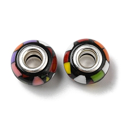 ボヘミアンスタイル樹脂ヨーロピアンビーズ  大穴ビーズ  ロンデル  プラチナカラーコア  ブラック  14x9.5mm  穴：4.8mm&nbsp;RESI-D069-01C