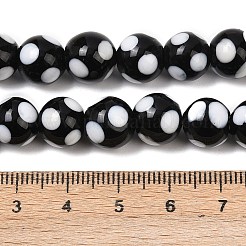 手作りランプワークビーズ  水玉模様のラウンド  ブラック  10x9.5~10mm  穴：1.8mm  約39個/連  14.76''（37.5センチメートル）&nbsp;LAMP-D002-10mm-01J
