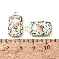 プリント合金ペンダント  鳥のチャームが付いた長方形  ラックめっき  カドミウムフリー＆鉛フリー  グリーン  ゴールドカラー  21.5x12x4mm  穴：1.8mm&nbsp;AL-CBA7256-16B-G
