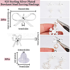 20 個の真鍮のスタッドのイヤリングパーツ  カン付き  蝶結び  30個のプラスチック製イヤーナット  銀  8~10x15mm  穴：1.2mm  ピン：0.7mm。&nbsp;KK-SC0008-01S