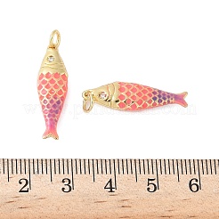 真鍮製エナメルペンダント  キュービックジルコニアの魚型チャーム付き  ラックめっき  カドミウムフリー＆鉛フリー  長持ちメッキ  18KGP本金メッキ  ピンク  25.5x7.5x3.8mm  穴：3.5mm&nbsp;X-KK-B148-14G-03