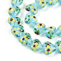 手作りランプワークビーズ連売り  花とハート  淡いターコイズ  14~15.5x15~15.5x9~10mm  穴：1.2mm  約35個/連  19.29インチ（49cm）&nbsp;LAMP-N028-02E