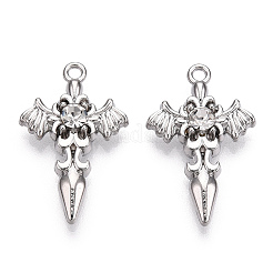ラインストーン ペンダント付き合金  鉛フリー＆ニッケルフリー＆カドミウムフリー  剣  プラチナ  28x18x6mm  穴：1.8mm&nbsp;X-PALLOY-N176-12P-NR