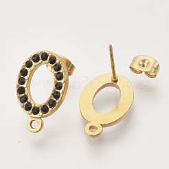 304ステンレススチールスタッドピアス金具  ラインストーン付き  ループとイヤーナット/ピアスバックキャッチ  オーバル  ゴールドカラー  ミックスカラー  18.5x11.5x2mm  穴：1.5mm  ピン：0.8mm&nbsp;STAS-T052-03G