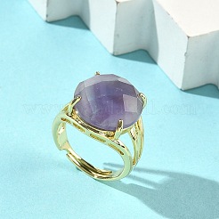 真鍮のカフオープンリング  天然アメジストと  ラウンド  多面カット  ラックめっき  長持ちメッキ  ゴールドカラー  18mm&nbsp;RJEW-D347-05G-15