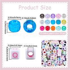 750 個 15 色の透明プラスチックビーズ  グリッターパウダー付き  バレル  イニシャルアクリルビーズ350個付き  ミックスカラー  6.5~9x6~6.5mm  穴：2.5~3.8mm  50個/スタイル&nbsp;KY-PA0001-03