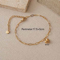 304ステンレススチール製ハートチャーム付きペーパークリップチェーンブレスレット（女性用）  18KGP本金メッキ  6.89インチ（17.5cm）&nbsp;UC6740-1