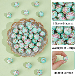 食品グレードの環境に優しいシリコンフォーカルビーズ、模様付きラウンド60個。  カラフル  15mm  穴：2.5mm&nbsp;SIL-PA0001-34C