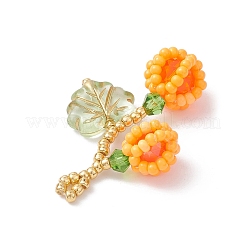 ガラスシードビーズのベリーと葉のペンダント  ガラスとアクリルで  オレンジ  35x22x10mm  穴：2mm&nbsp;PALLOY-MZ01114-03