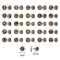 合金エナメルビーズ  ランダムな文字でフラットラウンド  ライトゴールド  ブラック  8x3.5mm  穴：1.4mm  50個/箱&nbsp;ENAM-CJ0001-23