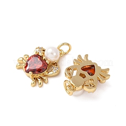 真鍮製マイクロパヴェキュービックジルコニアペンダント  アブソリュートプラスチック模造パール  カニチャーム  カドミウムフリー＆鉛フリー  ラックめっき  長持ちメッキ  丸カン付き  18KGP本金メッキ  15x12.5x6mm  穴：3.5mm&nbsp;X-KK-C143-28G
