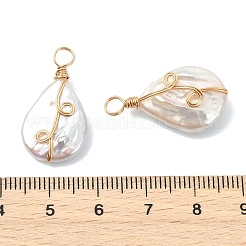 天然バロックケシパール銅線巻きペンダント  ティアドロップチャーム  ホワイト  ゴールドカラー  25~26x14x5~6.5mm  穴：3~4mm&nbsp;PALLOY-JF05723